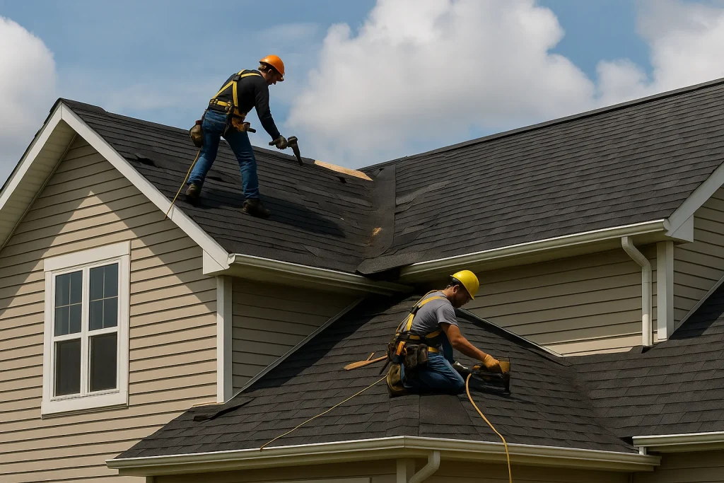 Two roofers replacing a residential shingle roof on a sunny day