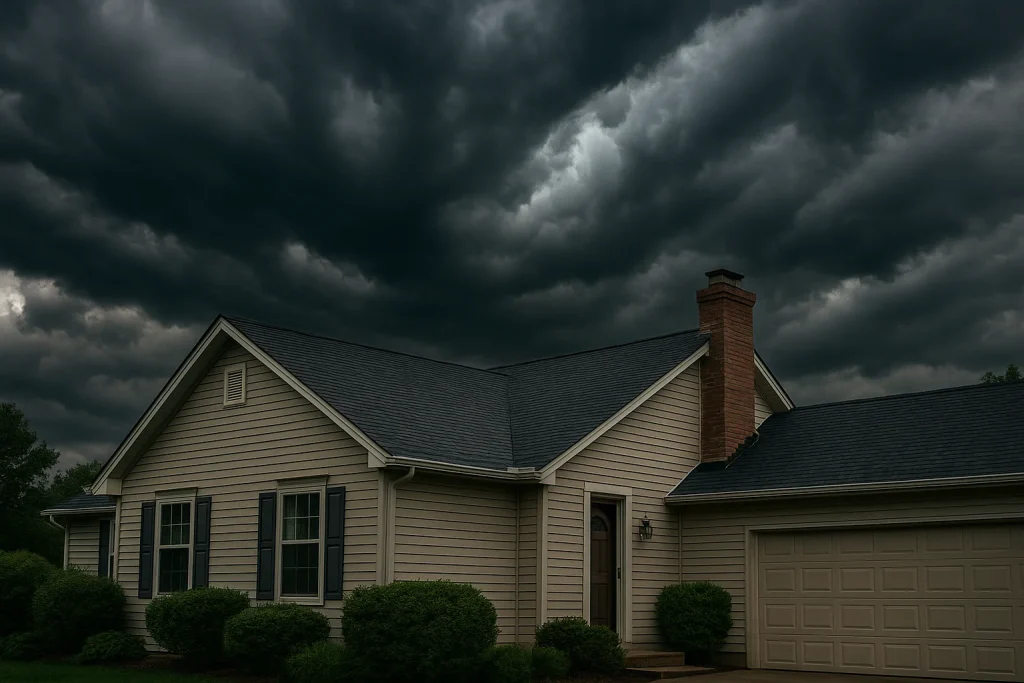 Dark storm clouds over a single‑story house